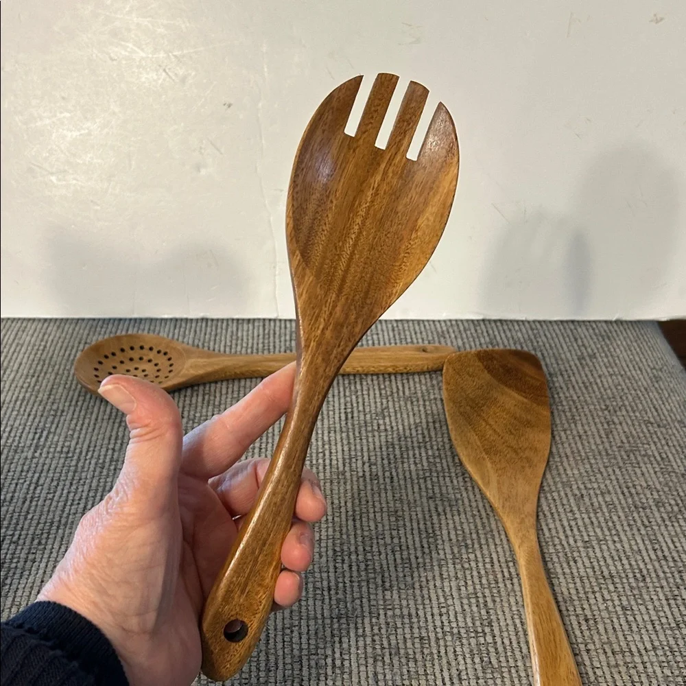 Wooden Utensil Set with Holder 6 pcs spoon spatula fork piece (salad server?) - Picture 10 of 13